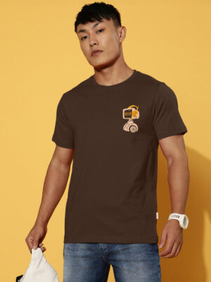 Hello Robot Brown Regular Printed Tshirt