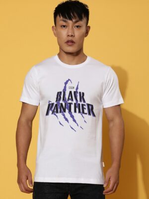 Black Panthar White Regular Printed Tshirt