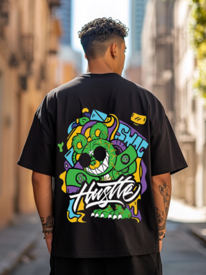 Hustle Black Oversize Printed Tshirt
